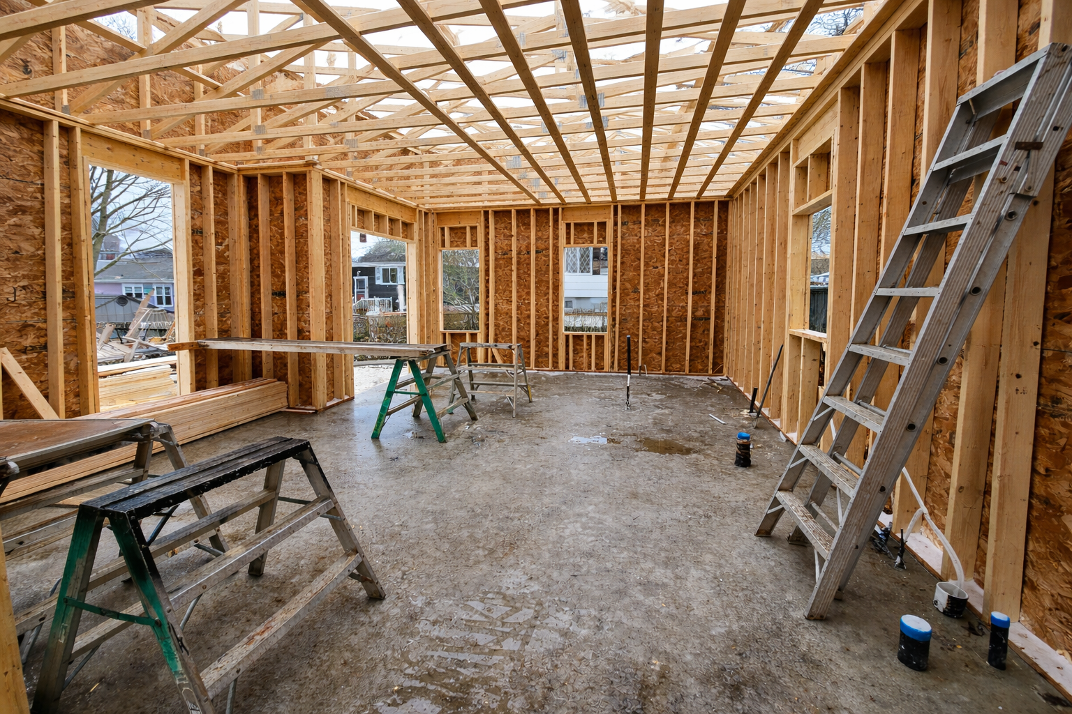 Étape de charpente d'une suite secondaire en construction