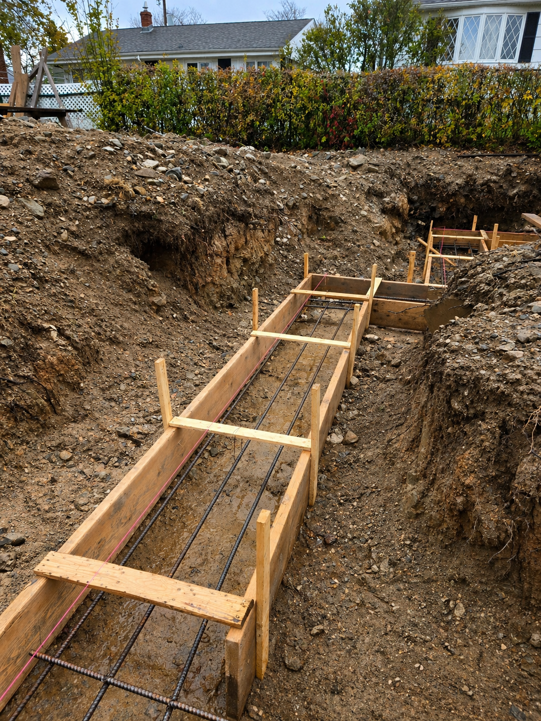 Footing formwork and rebar in excavation before concrete pour